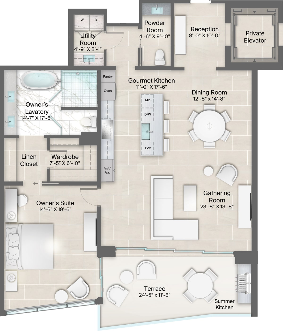 Champagne Building, Plan 15 & 16 Floorplan includes 1 bedroom, 1.5 baths and terrace