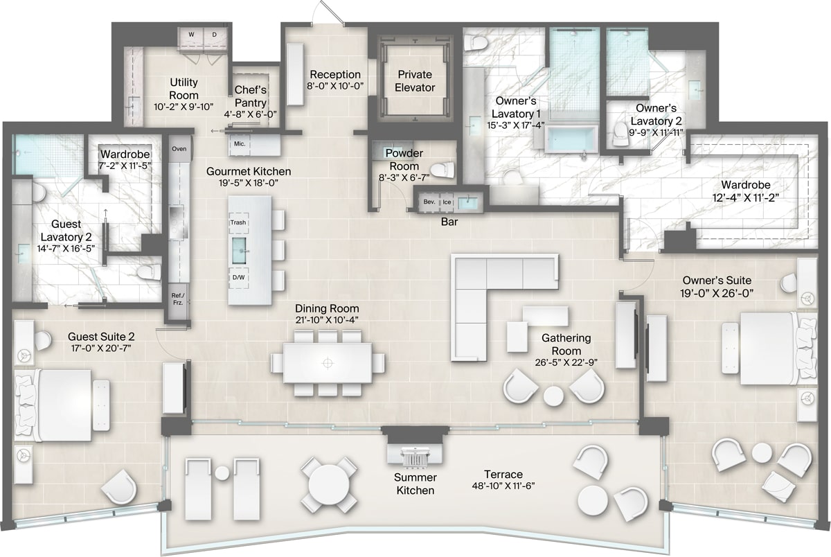 Champagne Building, Plan 17 Floorplan includes 2 bedrooms, 3.5 baths and terrace