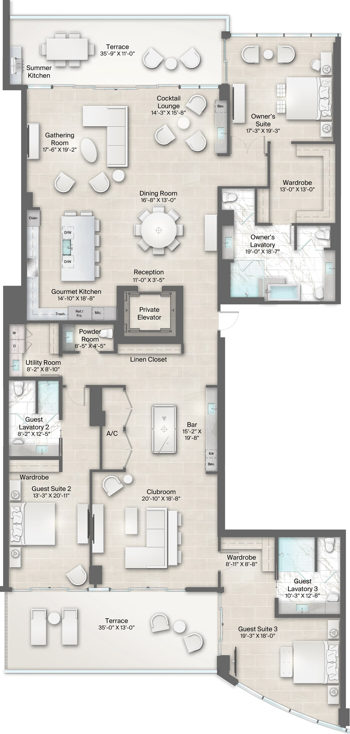 Armand Building, Plan 3 Floorplan includes 3 bedrooms, 3.5 baths, clubroom and 2 terraces