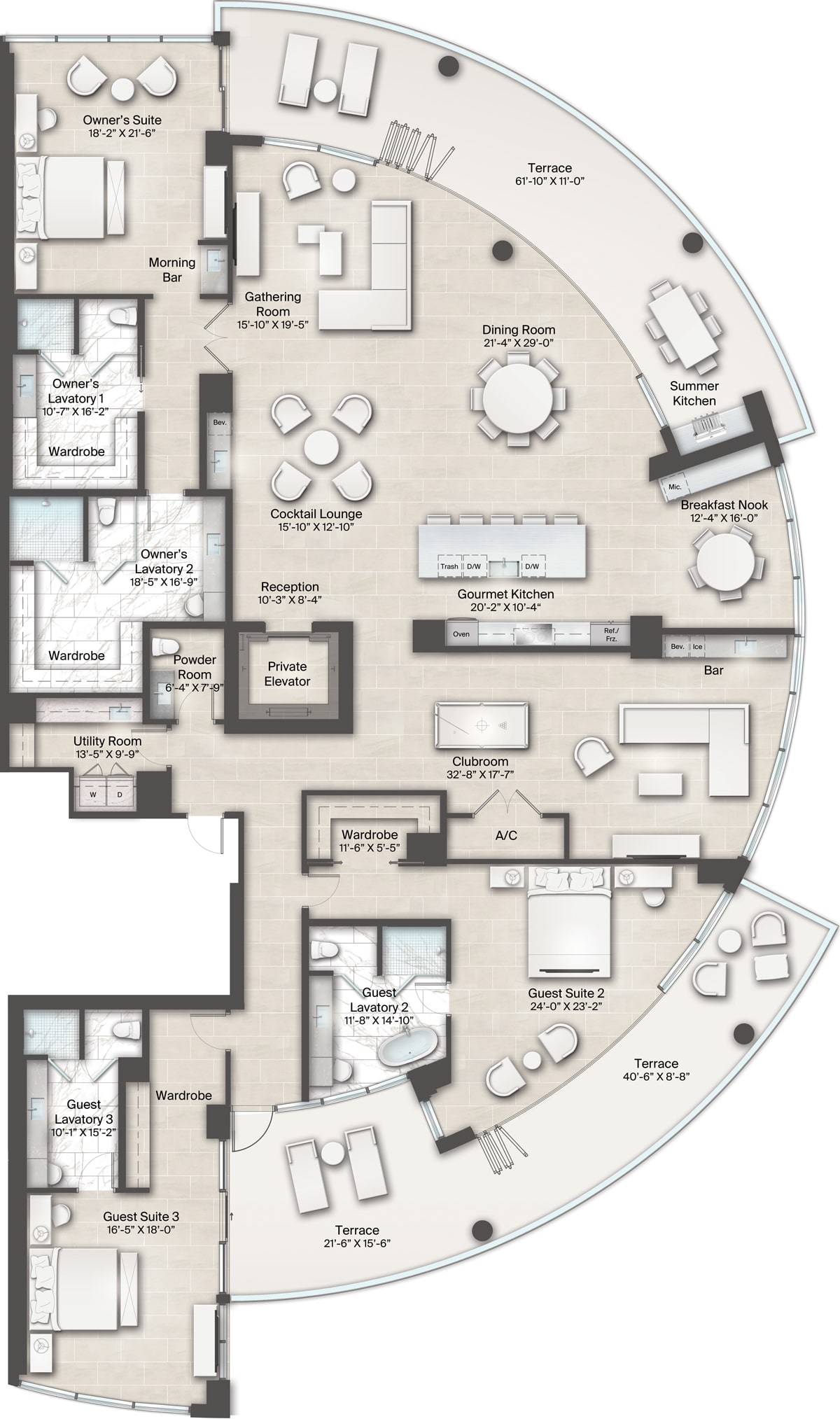 Armand Building, Plan 4 Floorplan includes 3 bedrooms, 4.5 baths, clubroom and one large wrap around terrace